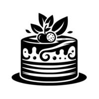 Elegant Black and White Illustration of a Layered Cake Decorated with a Cherry and Leaf Motif, Set on a Serving Platter. vector