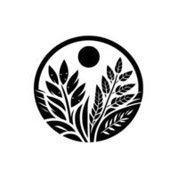 A stylized black and white circular composition with botanical elements, including leafy branches and a central sunlike orb, evoking natures harmony. vector