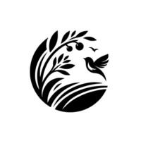 Black and white circular featuring a stylized bird in flight over a curved field, plants and berries. vector
