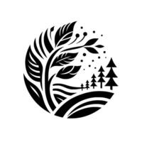 Stylized Black White Nature Icon Circular Composition of Foliage, Trees, and Terrain Elements, Minimalist Art Style. vector