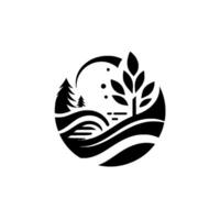 A minimalist black and white circular depicting a stylized landscape with trees, hills, water and abstract elements. vector