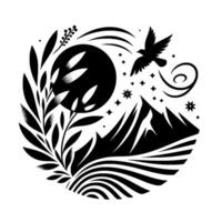 Intricate black and white circular illustration showcasing mountains, a bird in flight, foliage, a moon, and celestial elements in a serene, stylized design. vector