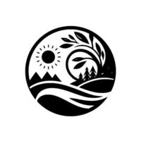 Black and White Minimalist Circle Illustration Mountain Sun Landscape with Tree, Hills, and Nature Elements in a Simple, Artistic Design. vector
