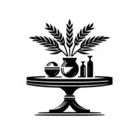 Black and white minimalist illustration of a table with decorative objects wheat in a vase, sphere, bottles. vector