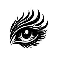 Bold Black and White Illustration of a Stylized Eye with Intricate Eyelashes and Feathery Upper Lid . vector