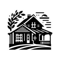 Black and White Illustration of a Rustic House with Tree, Sun, and Field Lines. vector