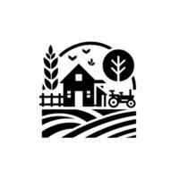 Minimalist Black and White Farmhouse with Wheat, Tractor, Tree, Fields, and Flying Birds. vector