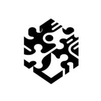 A geometric puzzle cube , combining black puzzle pieces within a hexagonal structure on a clean white background, creating a modern abstract . vector