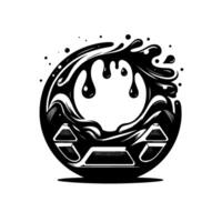 Abstract black and white artwork depicting a stylized steering wheel with fluid, splashlike elements forming a circular frame with a carlike dashboard. vector