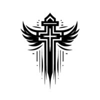 Black and White Emblem A stylized cross with a sword , feathered wings, and minimalist details on a white background. vector