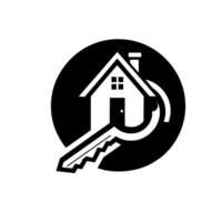 Black White Home Key Silhouette of a house with a key , symbolizing real estate, property access, and homeownership. vector