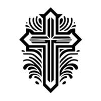 Ornate Black and White Christian Cross with Stylized Floral Embellishments on a White Background, Elegant and Spiritual vector