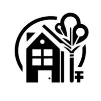 Stylized monochrome featuring a house, tree, and key within a circular frame, conveying real estate or homerelated concepts. vector