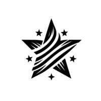 A stark monochrome star emblem, with a central, striped vortex and surrounding small stars, all rendered in sharp lines and high contrast. vector