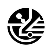 Bold Black and White Emblem Featuring Abstract Geometric Shapes and Curves, Enclosed in a Circle on White Background vector