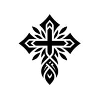 Intricate Black Cross with ArrowShaped Arms, Leaf Embellishments, and Detailed Base on a Clean White Background. vector