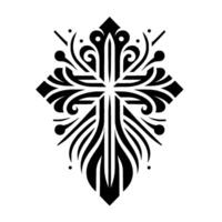 Ornate Black and White Christian Cross with Abstract Floral Elements, Geometric Aesthetics, and Spiritual Undertones on a White Backdrop. vector