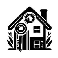 A minimalist black and white illustration of a house with a large key, surrounded by leaves, and a clock symbol in the houses center, representing home security and timely real estate. vector