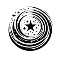 Black and White Starry Swirl Abstract Illustration of a Central Star Surrounded by Concentric Swirling Lines and Speckles. vector