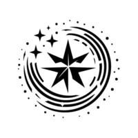 Abstract monochrome star compass, encircled by stylized cosmic rings and scattered celestial dots, against a white backdrop, evoking cosmic navigation. vector