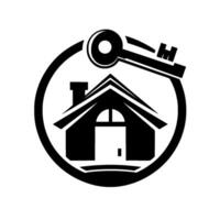 Black and white real estate featuring a stylized house within a circular frame, topped by a key, representing property ownership. vector