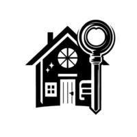 Black and white real estate featuring a stylized house with a large key, symbolizing property ownership, and a key to the new home. vector