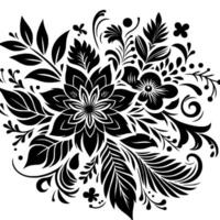 Ornate Black Floral on White Intricate Bloom Pattern with Leaves, Swirls, and Flourishes, Creating a Monochromatic, Elegant Composition. vector