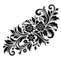 Elegant black floral on white backdrop, featuring intricate botanical patterns of stylized flowers, leaves, and scrolls in a refined, symmetrical composition. vector