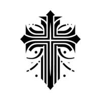 Geometric, black and white stylized cross emblem with intricate lines and shieldlike form, on white. vector