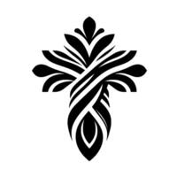 A symmetrical black and white ornamental cross , featuring stylized floral elements and interwoven ribbons, rendered on a plain white background. vector