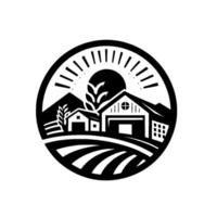 Black White Farm Circular with Barns, Wheat, Sun, Fields, and Mountains, Showcasing Agricultural Simplicity vector