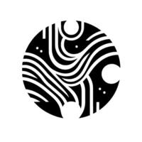 Abstract black and white circular composed of curved lines, geometric shapes, and dots, evoking a sense of minimalism and fluidity on a white background. vector