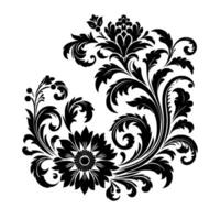 Detailed black and white floral featuring a variety of stylized flowers, leaves, and flowing scrollwork arranged in a decorative composition on a white background. vector