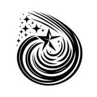 of a stylized fivepointed star amidst swirling black and white lines, with starbursts, and a dynamic, radiating composition. vector