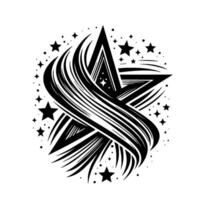 Black and White Starburst with Swirling Lines and Surrounding Starfield, Abstract Celestial Ornament. vector