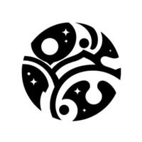 Abstract Celestial Sphere A black and white featuring stylized mountains, star shapes, and organic forms within a circle. vector