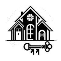 Stylized Black and White Real Estate House with Key, Representing Home Ownership, Security, and Property Investment. vector