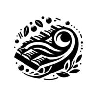 Modernist Black and White Abstract , Featuring a Geometric Shape with Swirls, Leaves and Dots, on a White Background. vector