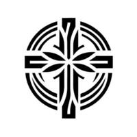 Intricate Black and White Stylized Christian Cross with Leaflike Inside a Circular Frame. vector