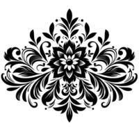 Elegant symmetrical floral damask pattern in black and white with detailed stylized leaves, swirls, and center, on clean white background. vector