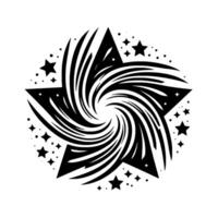 Abstract Black White Starburst with Swirling Center, Surrounded by Starry Embellishments, Creating a Dynamic, Celestial Composition. vector