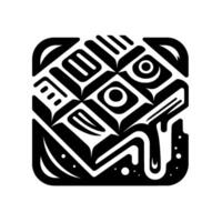 Abstract, symmetrical, geometric , a black and white resembling a stylized totem with a squaredoff, rounded corner frame, incorporating eye and claw symbols with flowing lines and dot d vector