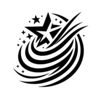 A dynamic, black and white featuring a stylized star with flowing arc elements and smaller stars for a modern, impactful emblem. vector