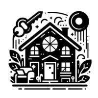 Minimalist Monochrome House with Key, Leaves, Sofa, and Geometric Decorative Elements, Depicting Home Ownership. vector