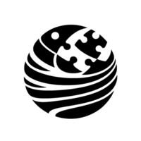 Abstract monochrome featuring a stylized fish silhouette combined with puzzle pieces, nested in a spherical frame with striped textures. vector