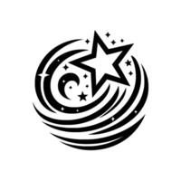 Stylized Black White Celestial Emblem Star, Crescent Moon, and Curved Lines in a Circular with a Modern Aesthetic. vector