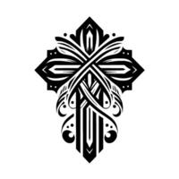 Ornate Black and White Cross with Geometric and Floral Elements, Set Against a White Background. vector