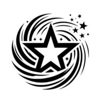 Bold, Monochrome Starburst A Central Star Surrounded by Swirling Lines and Scattered Star Elements on White Background. vector