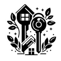 Monochrome Illustration of House Keys and Greenery, Representing Homeownership, Security and New Beginnings, Set Against White Background vector