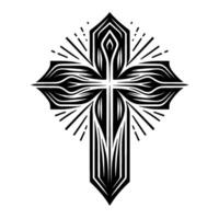 Intricate Geometric Cross with Radiating Lines and Abstract Floral Elements in Black and White, Symbolizing Faith. vector